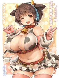 Rule 34 | 1girl, ;d, animal ears, animal print, bell, blush, breasts, brown eyes, brown hair, cleavage, collar, covered erect nipples, cow ears, cow girl, cow horns, cow print, cow tail, cowbell, elbow gloves, gloves, headset, horns, huge breasts, idolmaster, idolmaster cinderella girls, looking at viewer, midriff, navel, neck bell, oikawa shizuku, one eye closed, open mouth, pink gloves, pink thighhighs, red collar, shigatake, short hair, skirt, smile, solo, sweat, tail, thighhighs