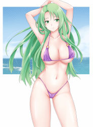 Rule 34 | 1girl, arms up, bikini, breasts, cameltoe, cecilia (fire emblem), cleavage, collarbone, cowboy shot, fire emblem, fire emblem: the binding blade, green hair, groin, halterneck, ham pon, highres, large breasts, long hair, looking at viewer, navel, nintendo, o-ring, o-ring bikini, o-ring bottom, o-ring top, ocean, purple bikini, simple background, smile, solo, string bikini, swimsuit