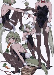 Rule 34 | animal ears, black footwear, black leotard, bow, bowtie, brown eyes, brown pantyhose, bulge, carrot, chibi, collage, cropped head, detached collar, dog lead, double-parted bangs, dragon boy, dragon tail, flat chest, full body, green hair, hana (adey), high heels, highleg, highleg leotard, highres, leotard, medium hair, original, pantyhose, playboy bunny, rabbit ears, rabbit tail, red bow, red bowtie, sitting, sketch, squatting, standing, stiletto heels, tail, ten (lu2948d), thigh strap, trap, wrist cuffs