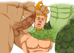 Rule 34 | 3boys, abs, after fellatio, apollo (smite), artist name, bara, cabrakan (smite), colored skin, completely nude, cum, cum on male, erection, facial, facial hair, goatee, grabbing another&#039;s hair, green skin, hercules (smite), interspecies, kagami06art, large pectorals, male focus, monster boy, multiple boys, muscular, muscular male, navel, nipples, nude, open mouth, orange hair, pectorals, penis, short hair, simple background, smite, spiked hair, testicles, turtle boy, white background, yaoi