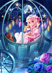 Rule 34 | 1girl, ascot, blonde hair, blue flower, blue rose, blush, bow (music), bug, butterfly, carriage, dress, flandre scarlet, flower, full-face blush, full moon, glowing, glowing wings, gyaza, hat, hat ribbon, insect, instrument, mob cap, moon, pantyhose, puffy sleeves, purple flower, purple rose, red dress, red eyes, red flower, red rose, ribbon, rose, scarlet devil mansion, shirt, short sleeves, side ponytail, sitting, solo, star (symbol), stuffed animal, stuffed toy, teddy bear, touhou, violin, white pantyhose, wings