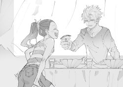 Rule 34 | 1boy, 1girl, ^ ^, alternate universe, apple rabbit, bare arms, bare shoulders, bowl, brother and sister, closed eyes, contemporary, cup, curtains, drink, drinking glass, feeding, food, food art, fruit, greyscale, hair ornament, hair scrunchie, happy, highres, holding, holding food, holding fruit, ice, ice cube, kimetsu no yaiba, kiyono ( kiyotsugu), long hair, long sleeves, looking at another, monochrome, open mouth, plate, ponytail, scar, scar on face, scar on nose, scrunchie, shinazugawa sanemi, shinazugawa sumi, short hair, shorts, siblings, signature, sketch, sleeveless, smile, table, tablecloth, v-neck, wind