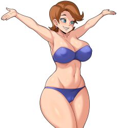 Rule 34 | 1girl, arms up, bikini, blue bikini, blue eyes, breasts, brown hair, cameltoe, cleavage, cleft of venus, curvy, earrings, female focus, grin, happy, highres, jewelry, jmg, large breasts, looking down, mature female, shiny skin, short hair, simple background, smile, solo, swimsuit, teresa turner, the fairly oddparents, thick thighs, thighs, white background, wide hips