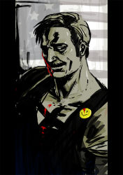 Rule 34 | 1boy, american flag, bad id, bad pixiv id, blood, blood on face, buttons, dc comics, facial hair, flag, inaba taro, lapel pin, male focus, muscular, shadow, short hair, smile, smiley face, solo, standing, the comedian, watchmen