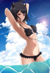 Rule 34 | 1girl, arms behind head, arms up, bikini, black clover, black hair, breasts, female focus, highres, horns, medium breasts, red eyes, secre swallowtail, short hair, solo, swimsuit, text focus, the amazing gambit
