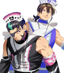 Rule 34 | armband, bad id, bad twitter id, bare shoulders, beard, black hair, black shirt, blue eyes, blue shirt, brown hair, character request, check character, closed mouth, cosplay, crossdressing, eyepatch, facial hair, green hair, hat, heart, heart print, idol clothes, king of prism by prettyrhythm, looking at viewer, low ponytail, male focus, mature male, multicolored hair, muscular, muscular male, norizuki jin, nurse cap, omega achihiko, pretty rhythm, pretty series, pripara, shirt, short hair, simple background, smile, stethoscope, streaked hair, upper body, waccha primagi!, white background, wings, zashima