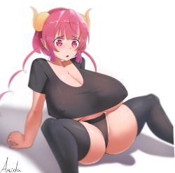 Rule 34 | 1girl, amidasketchbook, black panties, black shirt, black thighhighs, blush, breasts, cameltoe, cleavage, covered erect nipples, dragon girl, dragon horns, feet out of frame, highres, horns, huge breasts, ilulu (maidragon), kobayashi-san chi no maidragon, long hair, panties, pink eyes, pink hair, pointy ears, shadow, shirt, short sleeves, shortstack, simple background, solo, thighhighs, twintails, underboob, underwear, white background