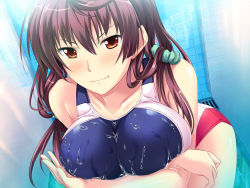 Rule 34 | 1girl, bathroom, blush, breast hold, breasts, brown hair, collarbone, covered erect nipples, female focus, game cg, large breasts, leaning forward, legs, long hair, looking at viewer, marushin (denwa0214), orange eyes, shinohara katsumi, shower, smile, solo, standing, supokon! sports wear complex, swimsuit, thighs, water, wet, wet clothes
