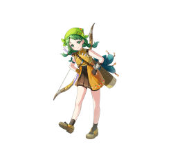 Rule 34 | 1girl, aged down, bandana, black gloves, bow (weapon), braid, brown footwear, female focus, fingerless gloves, fire emblem, fire emblem: the blazing blade, fire emblem heroes, gloves, green eyes, green hair, hands on own hips, looking at viewer, matching hair/eyes, nintendo, official alternate costume, official art, pleated skirt, quiver, rebecca (fire emblem), skirt, smile, solo, twintails, weapon, yellow bandana