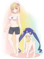 Rule 34 | ar tonelico, ar tonelico iii, barefoot, battlegaregga, bike shorts, blonde hair, braid, breasts, closed mouth, cocona vatel, feet, hair ornament, long hair, looking at viewer, multiple girls, navel, open mouth, pink eyes, purple eyes, purple hair, saki (ar tonelico), short hair, smile, swimsuit, twintails