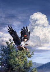 Rule 34 | 1girl, bird wings, black hair, black skirt, black wings, camera, closed mouth, cloud, collared shirt, cumulonimbus cloud, day, feathered wings, hat, hauchiwa, highres, holding, holding camera, looking at viewer, outdoors, pom pom (clothes), red eyes, red hat, satellitedragon, shameimaru aya, shirt, short hair, short sleeves, skirt, smile, solo, tokin hat, touhou, tree, white shirt, wings