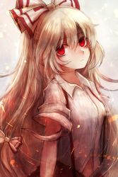 Rule 34 | 1girl, bow, closed mouth, collared shirt, empty eyes, fire, fujiwara no mokou, hair bow, highres, long hair, looking at viewer, maho moco, red eyes, shirt, short sleeves, silver hair, solo, suspenders, touhou, upper body, very long hair, white bow, white shirt, aged down