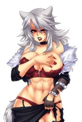 Rule 34 | 1girl, abs, angry, animal ears, belt, breasts, choker, cleavage, covering privates, covering breasts, crescentia fortuna, deathblight, deathblight rpg, ferania (deathblight), fingerless gloves, fingernails, game cg, gloves, hand on own hip, jacket, large breasts, lips, lipstick, long fingernails, long hair, looking at viewer, lowres, makeup, midriff, miniskirt, nail polish, navel, panties, red eyes, red panties, single glove, skirt, solo, standing, tail, tank top, thighhighs, torn clothes, underwear, white hair, wolf girl, zettai ryouiki, zipper