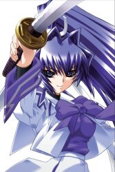 Rule 34 | 1girl, bou (inubou), breasts, commentary, english commentary, hakuryou high school uniform, holding, holding sword, holding weapon, katana, looking at viewer, medium breasts, mitsurugi meiya, muv-luv, official art, ponytail, purple shirt, school uniform, shirt, shirt tucked in, simple background, skirt, smile, solo, sword, weapon, white background, white shirt, white skirt