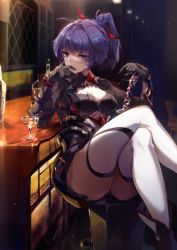 Rule 34 | 1girl, alcohol, bar stool, black gloves, bottle, breasts, cleavage, closed mouth, crossed legs, cup, drinking glass, gloves, highres, holding, holding sword, holding weapon, honkai (series), honkai impact 3rd, indoors, katana, long hair, long sleeves, looking at viewer, ponytail, purple eyes, purple hair, raiden mei, raiden mei (danzai spectramancer), revision, sitting, smile, solo, stool, sword, table, thighhighs, weapon, white thighhighs, wine, wine bottle, wine glass, zomzomzomsauce