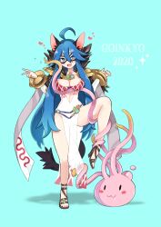 Rule 34 | 1girl, 2020, :3, ahoge, animal ears, argyle, argyle clothes, argyle dress, bangle, belt, blue eyes, blue hair, blush, bracelet, breasts, cat ears, cat girl, cat tail, character name, cleavage, commentary request, commission, consensual tentacles, detached sleeves, dress, eye mask, fang, full body, fur collar, goinkyo, hair between eyes, heart, heart-shaped pupils, highres, jewelry, liricolilium, long bangs, long hair, looking at viewer, medium breasts, no panties, open mouth, pelvic curtain, poring, purple belt, ragnarok online, sandals, see-through, see-through dress, skeb commission, skin fang, slime (creature), smile, sorcerer (ragnarok online), standing, standing on one leg, symbol-shaped pupils, tail, tentacles, v, white dress, white sleeves