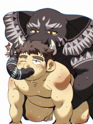 Rule 34 | 2boys, anal, bara, black fur, blush, character request, doggystyle, elephant boy, facial hair, fat, fat man, feet out of frame, furry, furry male, furry with non-furry, highres, interspecies, kiss, male focus, multiple boys, one eye closed, protagonist 5 (housamo), sex, sex from behind, shirako (kirupi), sideburns, sideburns stubble, stubble, thick eyebrows, tokyo houkago summoners, yaoi