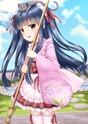 Rule 34 | 1girl, :d, animal, animal on head, apron, black cat, blue hair, blue sky, blunt bangs, blush, broom, cat, cat on head, checkered sash, cloud, commentary request, day, frilled apron, frills, highres, holding, holding broom, idolmaster, idolmaster cinderella girls, japanese clothes, kimono, long hair, long sleeves, looking at viewer, maid, maid headdress, obi, on head, open mouth, outdoors, pink apron, pink kimono, pink thighhighs, pond, red eyes, red ribbon, red skirt, regular mow, ribbon, rock, sajo yukimi, sash, short kimono, skirt, sky, smile, solo, standing, thighhighs, very long hair, wa maid, waist apron, water, wide sleeves