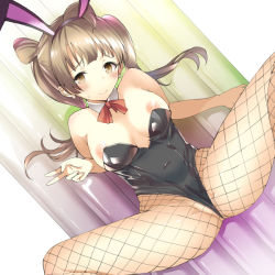 Rule 34 | 1girl, animal ears, black hairband, black leotard, bow, breasts, brown eyes, brown hair, closed mouth, collar, commentary request, covered navel, detached collar, feet out of frame, fishnet pantyhose, fishnets, hairband, leotard, long hair, looking at viewer, love live!, love live! school idol project, medium breasts, minami kotori, nipples, pantyhose, rabbit ears, red bow, sakasa (guranyto), solo, spread legs, strapless, strapless leotard, twintails, v, white collar, wing collar