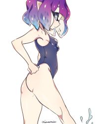 Rule 34 | 1girl, ass, bare shoulders, blue eyes, blush, breasts, covered navel, from side, highleg, highleg swimsuit, highres, inkling, inkling girl, inkling player character, looking at viewer, mask, nintendo, nitronic, one-piece swimsuit, pointy ears, purple hair, short hair, sideboob, simple background, solo, swimsuit, tentacle hair, white background