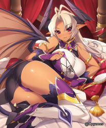 Rule 34 | 10s, 1girl, armlet, ass, bare shoulders, blonde hair, blush, boots, breasts, dark skin, dark-skinned female, demon girl, demon tail, demon wings, female focus, gloves, high heels, horns, kamyuria, large breasts, long hair, looking at viewer, lying, mel/a, on side, panties, pointy ears, purple eyes, purple panties, revision, shingeki no bahamut, shirt, shoes, smile, solo, tail, taut clothes, taut shirt, thigh boots, thighhighs, underwear, watermark, wings