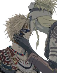 Rule 34 | 2boys, arm tattoo, black nails, blonde hair, braid, brown eyes, daybit sem void, facepaint, fate/grand order, fate (series), hair ornament, hand on another&#039;s cheek, hand on another&#039;s face, headdress, hiraitatogta, jewelry, kiss, kissing forehead, long hair, lowered eyelids, male focus, multiple boys, necklace, short hair, shoulder tattoo, side braid, skull, skull hair ornament, tattoo, tezcatlipoca (fate), tezcatlipoca (third ascension) (fate), yaoi