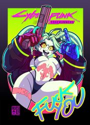 Rule 34 | 1girl, colored sclera, colored skin, crop top, curvy, cyberpunk (series), cyberpunk edgerunners, gun, highres, holding, holding weapon, huge weapon, jacket, leg tattoo, mechanical hands, neck tattoo, oversized forearms, oversized limbs, pale skin, peterete, pink tattoo, purple lips, rebecca (cyberpunk), red pupils, red sclera, rifle, samurai jacket (cyberpunk), simple background, smile, solo, stomach tattoo, tattoo, thong, twintails, underwear, underwear only, weapon, white skin, wide hips