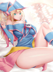 Rule 34 | 1girl, absurdres, aqua eyes, backlighting, blonde hair, blue panties, boots, breasts, calcio, choker, curvy, dark magician girl, detached sleeves, duel monster, hand on own face, hat, highres, huge breasts, knee up, long hair, looking at viewer, naughty face, panties, pentacle, sitting, smile, solo, thick thighs, thighs, underwear, wizard hat, yu-gi-oh!