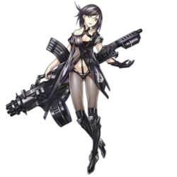 Rule 34 | 1girl, aqua eyes, asymmetrical clothes, bare shoulders, black footwear, black gloves, black hair, black nails, black pantyhose, boots, breasts, buttons, cleavage, cleavage cutout, clenched hands, clothing cutout, collarbone, earrings, emblem, fingernails, full body, gatling gun, girls&#039; frontline, gloves, gluteal fold, gun, hair between eyes, head tilt, holding, holding gun, holding weapon, infukun, intruder (girls&#039; frontline), jewelry, knee boots, looking at viewer, magazine (weapon), medium breasts, multiple-barrel firearm, nail polish, nose, official art, open hands, open mouth, pantyhose, photoshop (medium), sangvis ferri, see-through, short hair, simple background, single glove, solo, standing, standing on one leg, teeth, transparent background, weapon