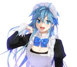 Rule 34 | 1girl, :d, apron, black dress, blue bow, blue bowtie, blue eyes, blue hair, blush, bow, bowtie, breasts, cleavage, cleavage cutout, clothing cutout, dress, fang, gg dal, hand up, juliet sleeves, large breasts, long hair, long sleeves, looking at viewer, maid, maid apron, maid headdress, medium breasts, open mouth, original, puffy sleeves, ringed eyes, simple background, smile, solo, tomboy, upper body, white apron, white background