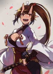 Rule 34 | 1girl, :d, breasts, brown hair, cleavage, cleavage cutout, clothing cutout, horns, large breasts, long hair, looking at viewer, oni horns, open mouth, pixiv fantasia, pixiv fantasia new world, pointy ears, ponytail, red eyes, rumie, sheath, sheathed, simple background, smile, solo, standing, sword, weapon, wide sleeves