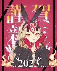 Rule 34 | 1girl, 2023, animal ears, black jacket, blonde hair, chinese zodiac, facial mark, fake animal ears, fake tail, fate/grand order, fate (series), fingernails, fire, forehead mark, grey leotard, happy new year, head rest, horns, ibaraki douji (fate), isagiyo, jacket, leotard, long hair, looking at viewer, new year, oni, oni horns, open clothes, open jacket, playboy bunny, pointy ears, rabbit ears, rabbit tail, sharp fingernails, smile, solo, tail, tattoo, year of the rabbit, yellow eyes