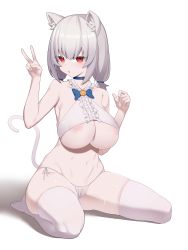 Rule 34 | 1girl, absurdres, animal ears, areola slip, bikini, bikini bottom only, blush, bow, bowtie, breasts, cat ears, cat tail, choker, googoogaagaa, grey hair, hands up, highres, large breasts, looking at viewer, medium hair, original, red eyes, side-tie bikini bottom, simple background, sitting, solo, swimsuit, tail, thighhighs, underboob, v, wariza, white background, white thighhighs