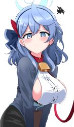 Rule 34 | 1girl, absurdres, aikir (jml5160), ako (blue archive), animal collar, bell, blouse, blue archive, blue eyes, blue hair, blue ribbon, blush, breasts, closed mouth, clothing cutout, coat, collar, commentary, cowbell, earrings, frown, glaring, grey shirt, hair ribbon, halo, highres, jewelry, leash, long sleeves, looking at viewer, medium hair, neck bell, red coat, ribbon, shirt, side cutout, sideboob, simple background, solo, squiggle, stud earrings, white background, white shirt