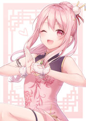 Rule 34 | 1other, akiyama mizuki, alternate costume, artist name, blush, china dress, chinese clothes, commentary request, cowboy shot, dress, fingerless gloves, gloves, hair ornament, heart, hinata mizuiro, knee up, looking at viewer, one eye closed, open mouth, palm-fist greeting, pink background, pink dress, pink eyes, pink hair, ponytail, project sekai, sleeveless, sleeveless dress, solo, white background, white gloves