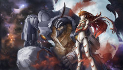 Rule 34 | 00s, android, buster machine 7, crossed arms, dix-neuf, epic, galaxy, gunbuster pose, guts (artist), highres, mecha, nono (top wo nerae 2!), realistic, red hair, robot, scarf, science fiction, space, star (sky), star (symbol), top wo nerae!, top wo nerae 2!