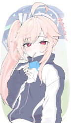 Rule 34 | 1girl, absurdres, ahoge, blue archive, blue jacket, blush, closed mouth, hair between eyes, hair ornament, halo, highres, holding, jacket, juice box, korean text, long hair, long sleeves, looking at viewer, natsu (blue archive), official alternate costume, pink hair, ponytail, ran (bearsoymilk), red eyes, side ponytail, simple background, solo, sparkle, upper body