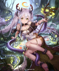 Rule 34 | 1girl, animal, antlers, arm support, bare shoulders, barefoot, breasts, character request, commentary request, copyright notice, dress, green eyes, grey hair, hair between eyes, holding, holding staff, horns, liiko, long hair, looking at viewer, medium breasts, official art, on grass, orb, outdoors, parted lips, shadowverse, short eyebrows, skeleton, snake, solo, staff, thick eyebrows, tree, twintails, very long hair, watermark, white dress