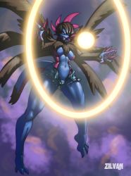 Rule 34 | 1girl, black sclera, breasts, cameltoe, colored sclera, colored skin, creatures (company), dragon girl, dragon tail, dragon wings, fangs, female focus, flying, fur, game freak, gen 5 pokemon, highres, humanization, hydreigon, hyper beam (pokemon), large breasts, multicolored skin, nintendo, open mouth, personification, pokemon, pokemon (creature), red eyes, shorts, solo, tail, wings, zilvan