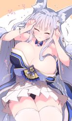 Rule 34 | 1girl, animal ear fluff, animal ears, armpits, azur lane, bare shoulders, black panties, blue collar, blue kimono, blunt bangs, blush, bouncing breasts, breasts, cleavage, closed eyes, collar, commentary request, cowboy shot, flying sweatdrops, fox ears, hair ornament, hands up, highres, himiya jouzu, japanese clothes, kimono, large breasts, long hair, miniskirt, mole, mole under eye, motion lines, multiple tails, off shoulder, orange background, panties, pantyshot, parted lips, pleated skirt, rabbit pose, shinano (azur lane), side-tie peek, sidelocks, skindentation, skirt, skirt under kimono, solo, standing, tail, thighhighs, translation request, underwear, very long hair, white background, wide sleeves, zettai ryouiki