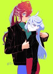 Rule 34 | 2girls, alternate costume, alternate hairstyle, blue eyes, commentary request, couple, dated, earrings, green background, gundam, gundam suisei no majo, height difference, highres, jacket, jewelry, leather, leather jacket, long hair, looking at viewer, miorine rembran, multiple girls, purple eyes, red hair, suletta mercury, sweater, white hair, yuri, yuri kyanon