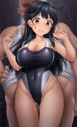 Rule 34 | 1boy, 1girl, absurdres, ahoge, black hair, black one-piece swimsuit, blush, breasts, brown eyes, cleavage, collarbone, competition swimsuit, covered navel, groin, highres, kantai collection, large breasts, long hair, one-piece swimsuit, open mouth, rain, swimsuit, tank top, ushio (kancolle), utahane, wet, wet clothes, white tank top