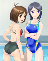 Rule 34 | 00s, 2girls, :d, ahoge, ass, back, bare shoulders, blue eyes, blue hair, brown eyes, brown hair, competition swimsuit, crossed arms, hair ornament, hairclip, hidaka ai, idolmaster, idolmaster dearly stars, light smile, mizutani eri, muhi11234, multiple girls, one-piece swimsuit, open mouth, red eyes, shiny clothes, short hair, smile, swimsuit