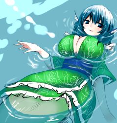 Rule 34 | 1girl, afloat, aqua hair, aqua theme, blue eyes, breasts, cleavage, floating, frills, green theme, han (jackpot), huge breasts, in water, japanese clothes, kimono, mermaid, monster girl, solo, touhou, wakasagihime, water, wet