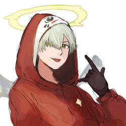 Rule 34 | 1boy, \m/, absurdres, arisyooon, black gloves, crazy raccoon, daruma is god, eyebrows hidden by hair, gloves, grey hair, halo, highres, hood, hoodie, male focus, red hoodie, solo, tongue, tongue out, v-shaped eyebrows, white background, yellow eyes