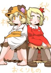Rule 34 | 2girls, aki minoriko, aki shizuha, artist name, barefoot, blonde hair, blouse, blush stickers, bow, bow panties, brown dress, brown footwear, character name, closed mouth, collared dress, commentary request, crotch seam, dress, frown, hair ornament, hat, leaf hair ornament, loafers, long sleeves, looking at viewer, medium dress, multiple girls, open mouth, orange eyes, orange headwear, panties, panties under pantyhose, pantyhose, pantyshot, red dress, see-through, see-through legwear, shirt, shoes, short hair, side-by-side, simple background, sitting, smile, touhou, translated, triangle mouth, underwear, white background, white panties, white shirt, wide sleeves, yellow eyes, zannen na hito