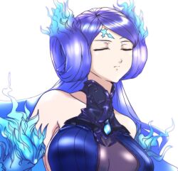 Rule 34 | 1girl, bare shoulders, blue gloves, blue hair, breasts, brighid (xenoblade), brown dress, cleavage, closed eyes, closed mouth, dress, elbow gloves, facing viewer, gloves, gradient hair, large breasts, long hair, multicolored hair, parted bangs, purple dress, purple hair, sideboob, solo, to (tototo tk), very long hair, xenoblade chronicles (series), xenoblade chronicles 2