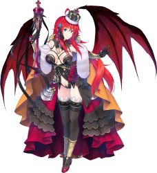 Rule 34 | 1girl, ahoge, black gloves, blue eyes, breasts, crown, demon girl, demon wings, dress, female focus, frilled dress, frills, full body, gloves, hair ornament, high school dxd, highres, holding, holding scepter, large breasts, leotard, long hair, looking at viewer, miyama-zero, no bra, red footwear, red hair, revealing clothes, rias gremory, scepter, smile, solo, standing, thighhighs, transparent background, vambraces, weapon, wings