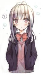 Rule 34 | 1girl, :o, ?, antenna hair, blush, bow, hands in pockets, looking at viewer, original, red eyes, school uniform, silver hair, solo, sweater vest, yamucha
