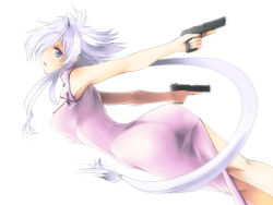 Rule 34 | 1girl, ass, blue eyes, china dress, chinese clothes, dress, dual wielding, fabrique nationale, fang, fn five-seven, gun, handgun, hands on own hips, holding, lavolpe (yagisaka seto), long hair, open mouth, original, pdw-caliber pistol, ponytail, sidelocks, silver hair, simple background, solo, trigger discipline, very long hair, weapon, yagisaka seto